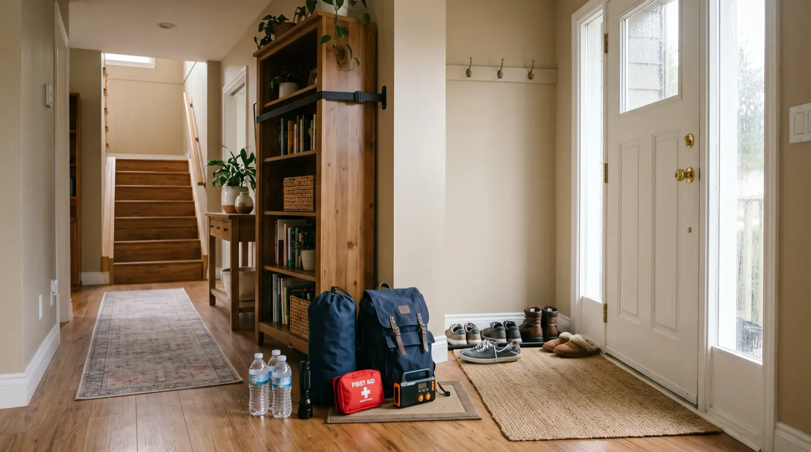 Home hallway prepared for an earthquake, with a bookshelf strapped to the wall and an emergency kit of water, flashlight, first aid and radio by the door
