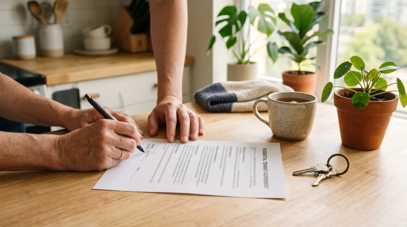 Tenant signing a residential tenancy agreement on a kitchen counter beside the apartment keys