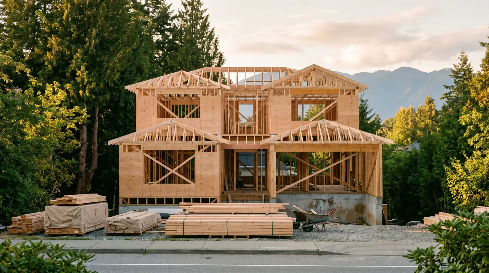 Two-storey BC family home being rebuilt in timber framing on its original foundation, with stacked lumber in front and evergreens behind
