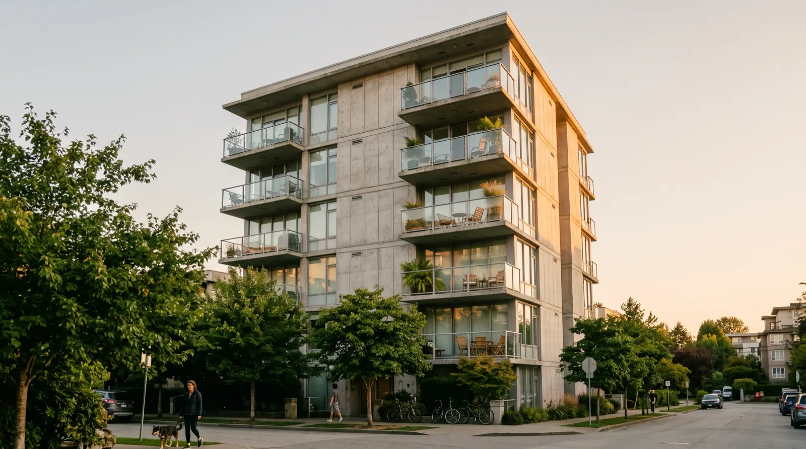 Mid-rise concrete and glass condo building in Vancouver with rows of glass balconies at golden hour