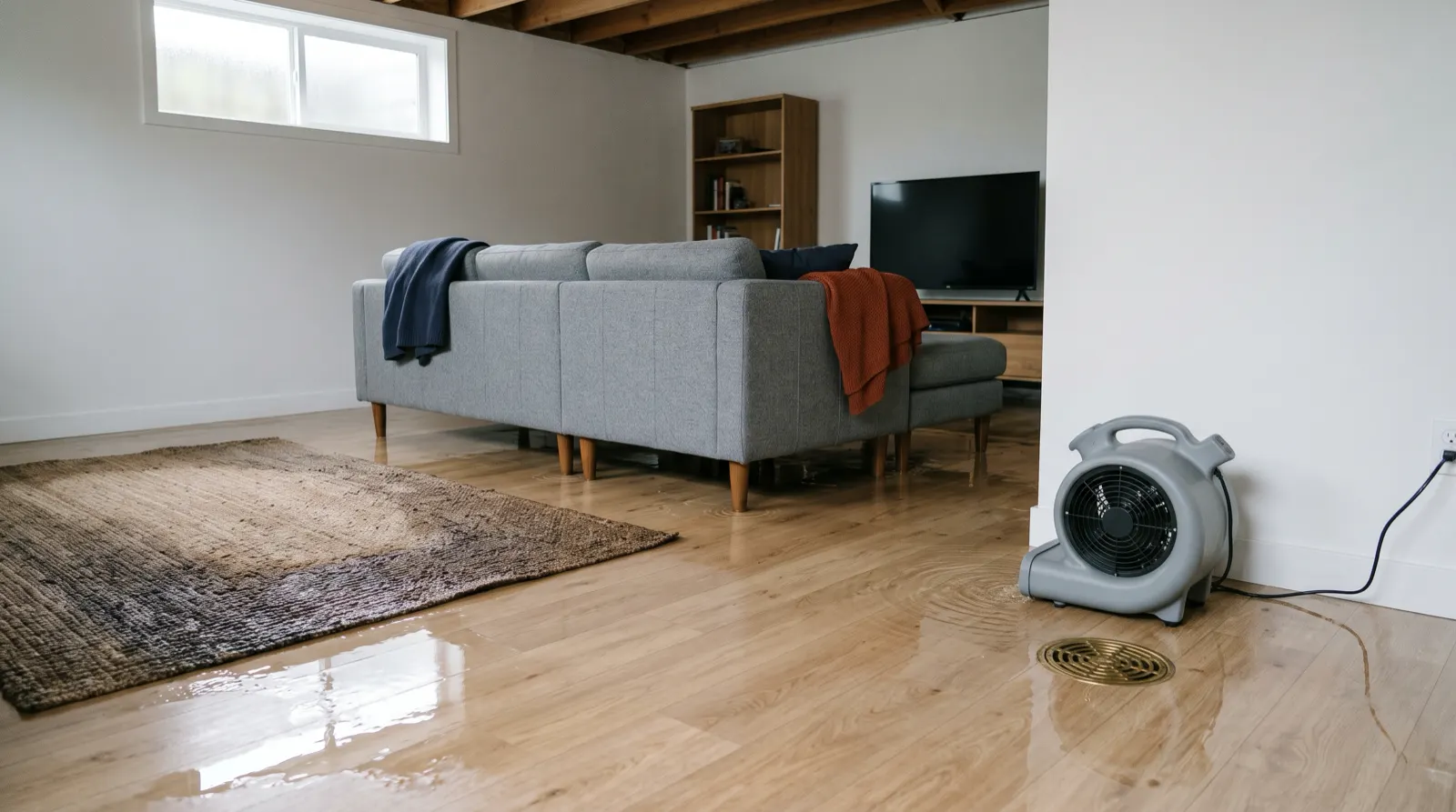 Basement family room after a sewer backup, with water across the laminate floor, a soaked rug and a drying fan running beside the floor drain