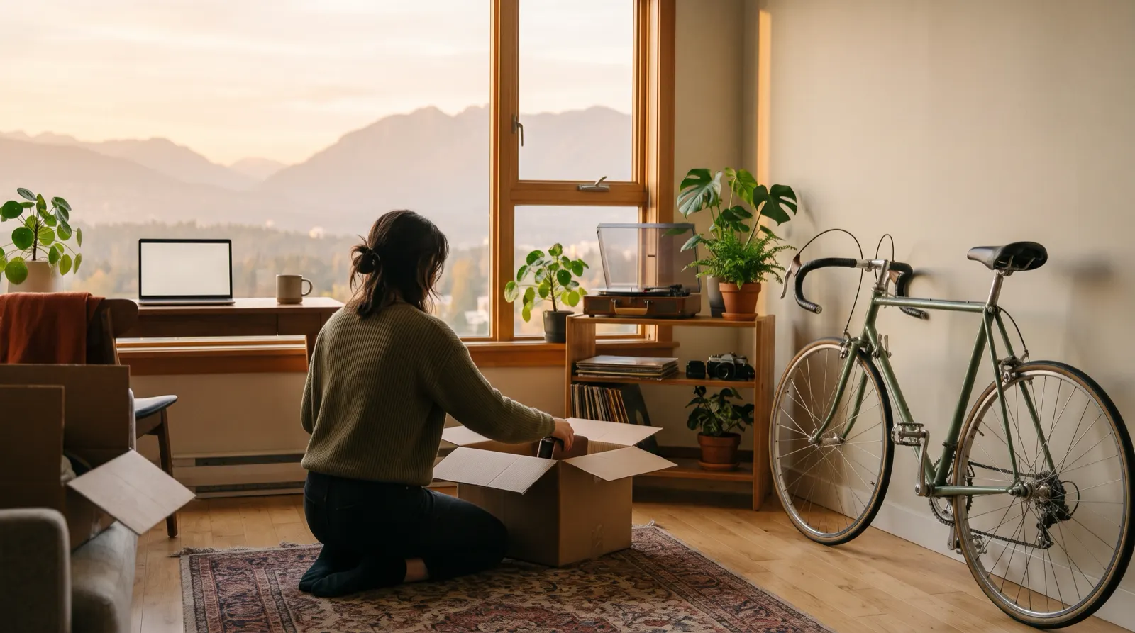 Renter unpacking belongings in a Vancouver apartment next to a road bike, laptop, record player and camera, with the North Shore mountains outside
